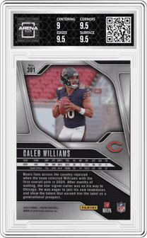 Caleb Williams from the 2024 Panini Prizm set graded by Arena Club and given an overall grade of 9.5.