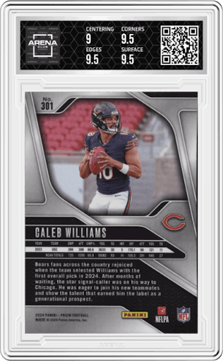 Caleb Williams from the 2024 Panini Prizm set graded by Arena Club and given an overall grade of 9.5.
