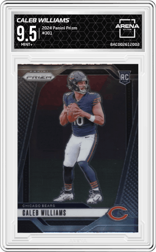 Caleb Williams from the 2024 Panini Prizm set graded by Arena Club and given an overall grade of 9.5.