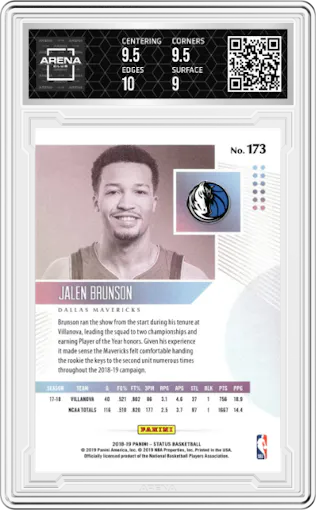 Jalen Brunson from the 2018-19 Panini Status set featuring a Purple parallel graded by Arena Club and given an overall grade of 9.5.