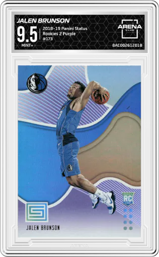 Jalen Brunson from the 2018-19 Panini Status set featuring a Purple parallel graded by Arena Club and given an overall grade of 9.5.