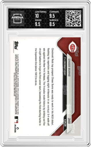 Chase Burns from the 2025 Topps Now set graded by Arena Club and given an overall grade of 9.