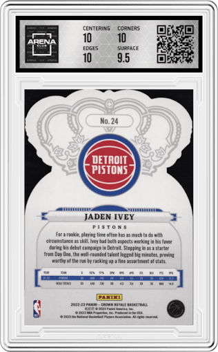 Jaden Ivey from the 2022-23 Panini Crown Royale set featuring a Lucky Envelopes  parallel graded by Arena Club and given an overall grade of 10.