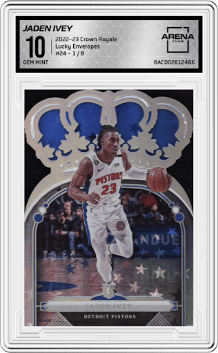Jaden Ivey from the 2022-23 Panini Crown Royale set featuring a Lucky Envelopes  parallel graded by Arena Club and given an overall grade of 10.