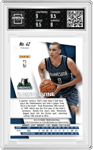 Zach LaVine from the 2014-15 Panini Prizm set graded by Arena Club and given an overall grade of 8.5.