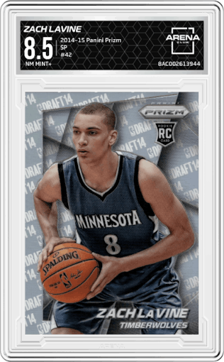 Zach LaVine from the 2014-15 Panini Prizm set graded by Arena Club and given an overall grade of 8.5.