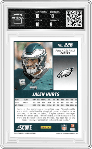 Jalen Hurts  from the 2024 Panini Score set graded by Arena Club and given an overall grade of 9.5.