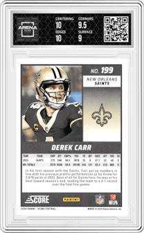 Derek Carr from the 2024 Panini Score set graded by Arena Club and given an overall grade of 9.5.