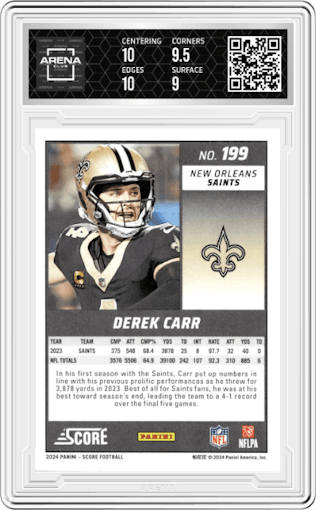 Derek Carr from the 2024 Panini Score set graded by Arena Club and given an overall grade of 9.5.