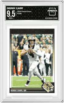Derek Carr from the 2024 Panini Score set graded by Arena Club and given an overall grade of 9.5.