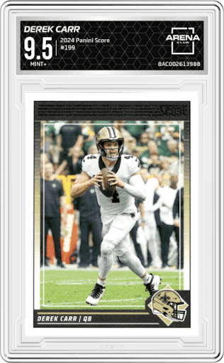 Derek Carr from the 2024 Panini Score set graded by Arena Club and given an overall grade of 9.5.