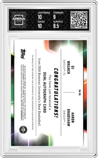 DJ Wagner/Aaron Bradshaw from the 2023-24 Bowman Best University set graded by Arena Club and given an overall grade of 9.