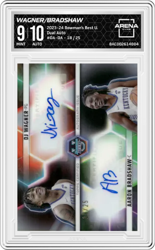 DJ Wagner/Aaron Bradshaw from the 2023-24 Bowman Best University set graded by Arena Club and given an overall grade of 9.