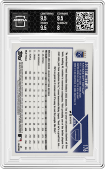  Bobby Witt Jr. from the 2023 Topps Chrome set graded by Arena Club and given an overall grade of 8.5.