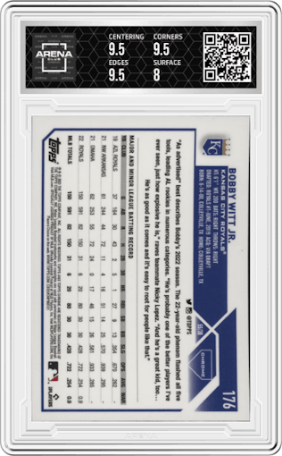  Bobby Witt Jr. from the 2023 Topps Chrome set graded by Arena Club and given an overall grade of 8.5.