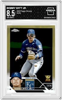  Bobby Witt Jr. from the 2023 Topps Chrome set graded by Arena Club and given an overall grade of 8.5.