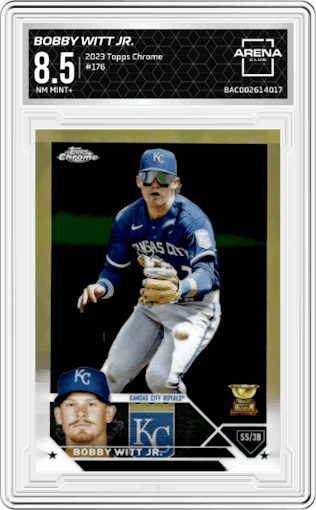  Bobby Witt Jr. from the 2023 Topps Chrome set graded by Arena Club and given an overall grade of 8.5.
