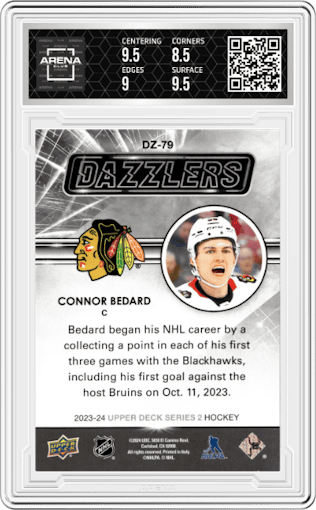 Connor Bedard from the 2023-24 Upper Deck Series 2 set featuring a Blue parallel graded by Arena Club and given an overall grade of 9.