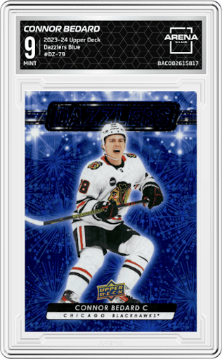 Connor Bedard from the 2023-24 Upper Deck Series 2 set featuring a Blue parallel graded by Arena Club and given an overall grade of 9.