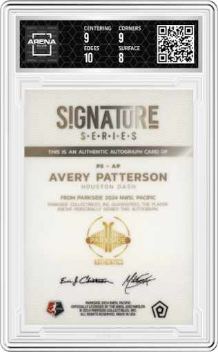 Avery Patterson  from the 2024 Parkside NWSL Pacific set graded by Arena Club and given an overall grade of 8.5.