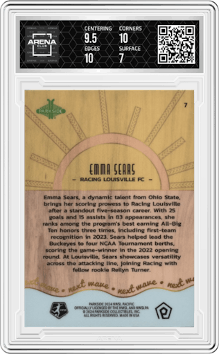 Emma Sears from the 2024 Parkside NWSL Pacific set graded by Arena Club and given an overall grade of 7.5.