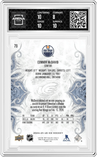 Connor McDavid from the 2024-25 Upper Deck Ice set graded by Arena Club and given an overall grade of 8.5.