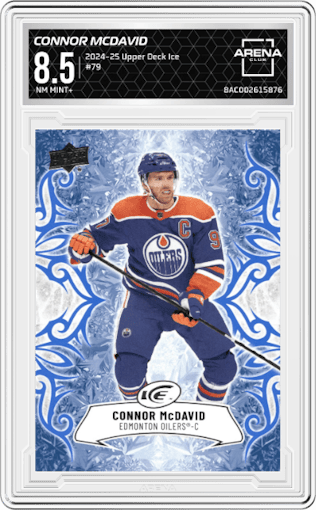 Connor McDavid from the 2024-25 Upper Deck Ice set graded by Arena Club and given an overall grade of 8.5.