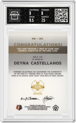 Deyna Castellanos from the 2024 Parkside NWSL Pacific set graded by Arena Club and given an overall grade of 8.