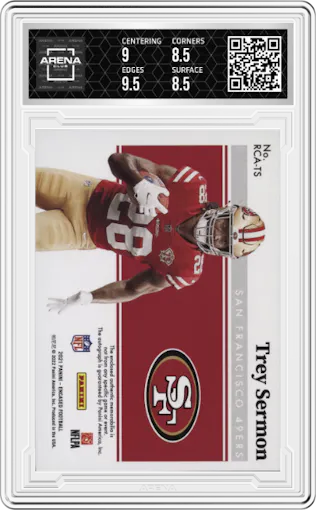 Trey Sermon from the 2021 Panini Encased set featuring a Sapphire parallel graded by Arena Club and given an overall grade of 9.