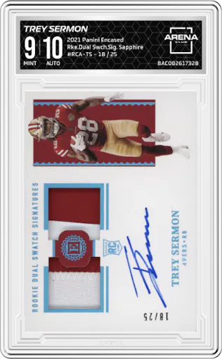 Trey Sermon from the 2021 Panini Encased set featuring a Sapphire parallel graded by Arena Club and given an overall grade of 9.