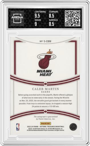 Caleb Martin from the 2023-24 Panini National Treasures set graded by Arena Club and given an overall grade of 9.