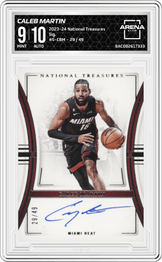 Caleb Martin from the 2023-24 Panini National Treasures set graded by Arena Club and given an overall grade of 9.