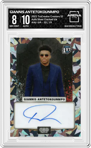 Giannis Antetokounmpo from the 2021 TruCreator Creators Series 2 set featuring a Silver Cracked Ice parallel graded by Arena Club and given an overall grade of 8.