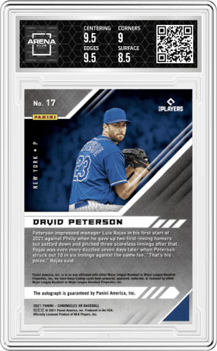 David Peterson from the 2021 Panini Chronicles set graded by Arena Club and given an overall grade of 9.
