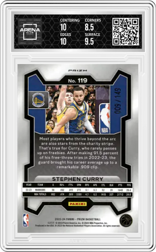Stephen Curry from the 2023-24 Panini Prizm set featuring a Purple Ice  parallel graded by Arena Club and given an overall grade of 9.