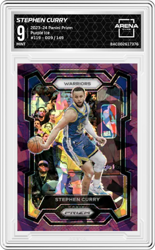Stephen Curry from the 2023-24 Panini Prizm set featuring a Purple Ice  parallel graded by Arena Club and given an overall grade of 9.