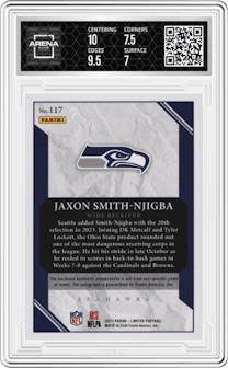 Jaxon Smith-Njigba  from the 2023 Panini Limited set featuring a Silver Spotlight parallel graded by Arena Club and given an overall grade of 7.5.