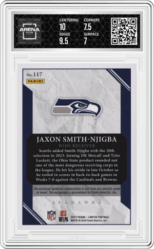 Jaxon Smith-Njigba  from the 2023 Panini Limited set featuring a Silver Spotlight parallel graded by Arena Club and given an overall grade of 7.5.