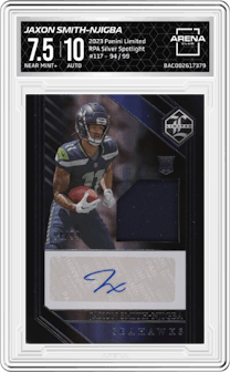 Jaxon Smith-Njigba  from the 2023 Panini Limited set featuring a Silver Spotlight parallel graded by Arena Club and given an overall grade of 7.5.