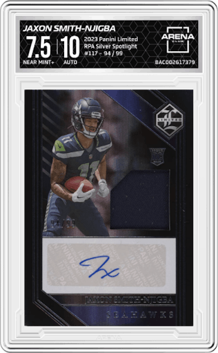 Jaxon Smith-Njigba  from the 2023 Panini Limited set featuring a Silver Spotlight parallel graded by Arena Club and given an overall grade of 7.5.