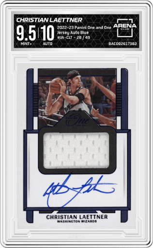 Christian Laettner from the 2022-23 Panini One and One set featuring a Blue parallel graded by Arena Club and given an overall grade of 9.5.