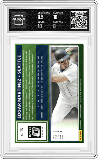 Edgar Martinez from the 2025 Donruss set featuring a Cracked Ice parallel graded by Arena Club and given an overall grade of 8.5.