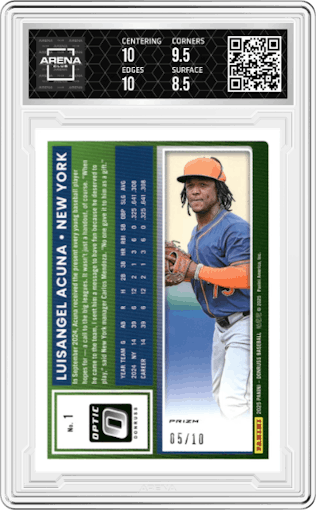 Luisangel Acuna from the 2025 Donruss set featuring a Gold parallel graded by Arena Club and given an overall grade of 9.