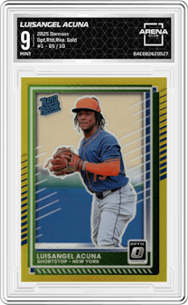 Luisangel Acuna from the 2025 Donruss set featuring a Gold parallel graded by Arena Club and given an overall grade of 9.