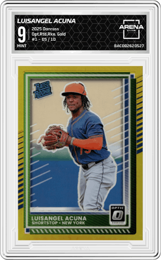 Luisangel Acuna from the 2025 Donruss set featuring a Gold parallel graded by Arena Club and given an overall grade of 9.