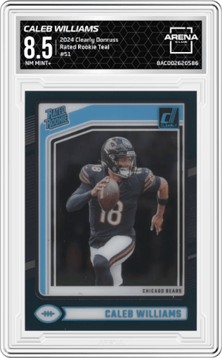 Caleb Williams from the 2024 Clearly Donruss set featuring a Teal parallel graded by Arena Club and given an overall grade of 8.5.