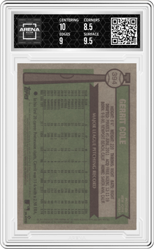 Gerrit Cole from the 2025 Topps Heritage set graded by Arena Club and given an overall grade of 9.