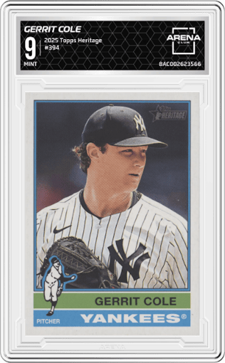 Gerrit Cole from the 2025 Topps Heritage set graded by Arena Club and given an overall grade of 9.