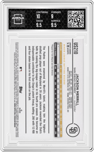 Jackson Merrill from the 2024 Topps Update set graded by Arena Club and given an overall grade of 9.5.