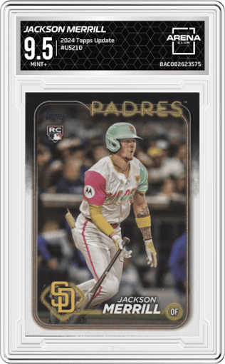 Jackson Merrill from the 2024 Topps Update set graded by Arena Club and given an overall grade of 9.5.